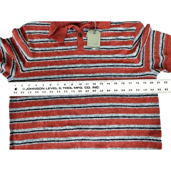 AllSaints Men's Stafford SS Polo Shirt Red/Grey Stripes Wool Alpaca Blend S - Picture 6 of 7